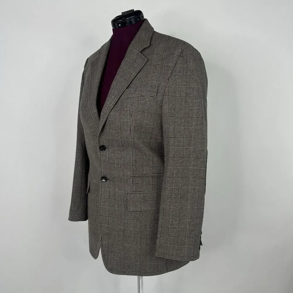 Club Monaco Elbow Patch Equestrian Wool Blazer 40R Brown Plaid Sport coat Jacket